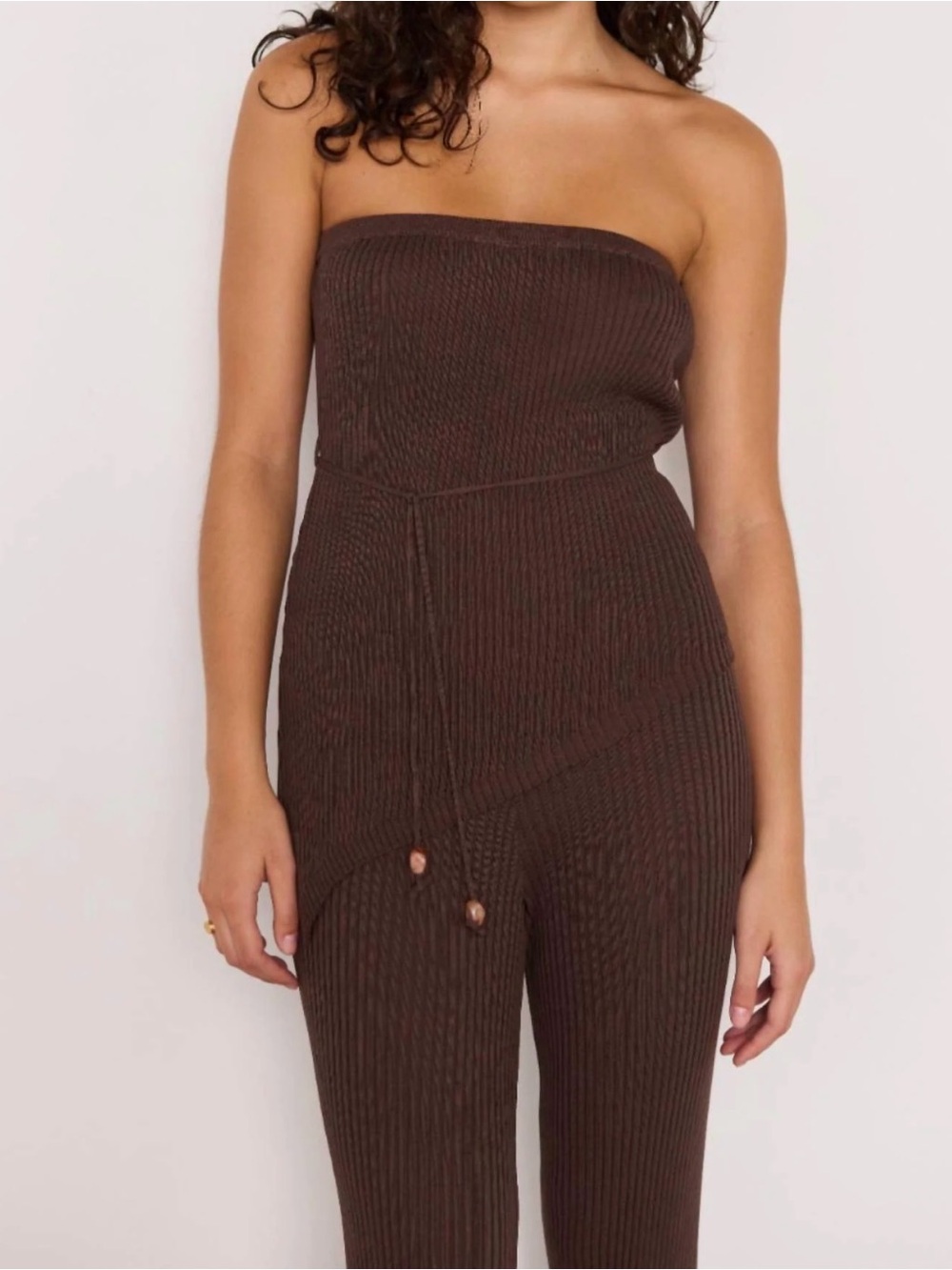 MINKPINK Ribbed Strapless Knit Top & High-Waist Pants Set - Brown